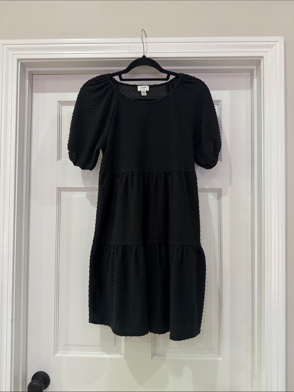 J.Crew Black Textured Clip Dot Tiered Babydoll Mini Dress Puff Sleeve